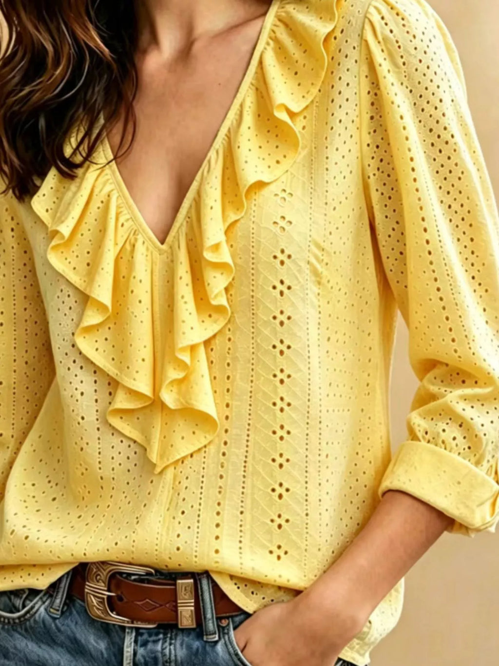 Eyelet Ruffle V-Neck Blouse - Lilixa.store