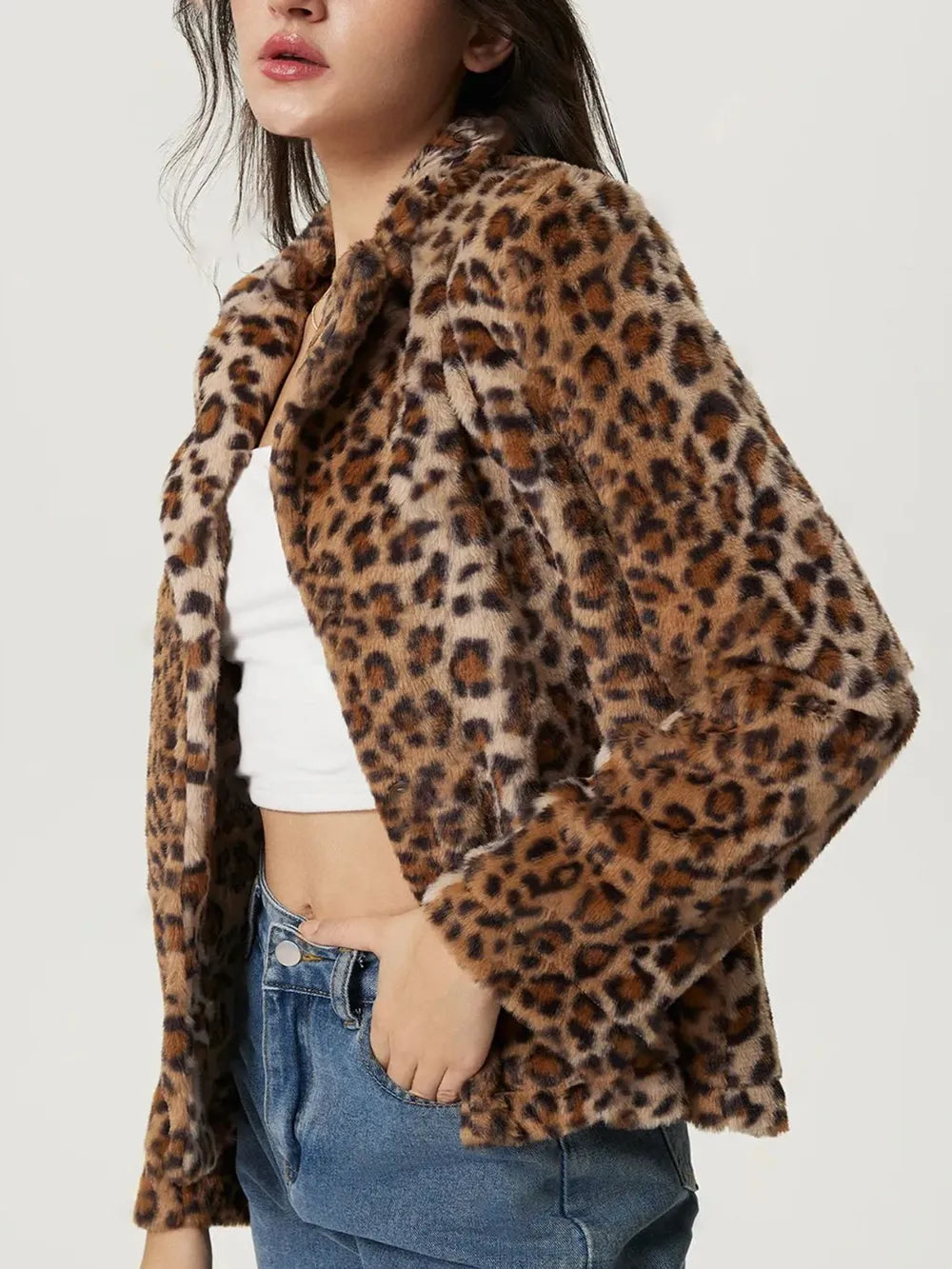 Fuzzy Leopard Collared Neck Jacket, view 4