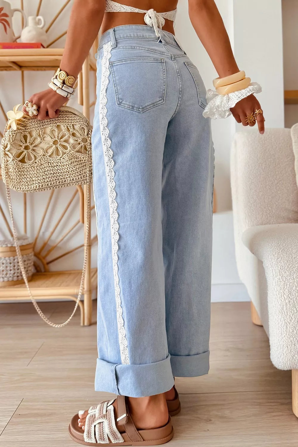 Light Wash Lace Trim Wide Leg Jeans - Lilixa.store