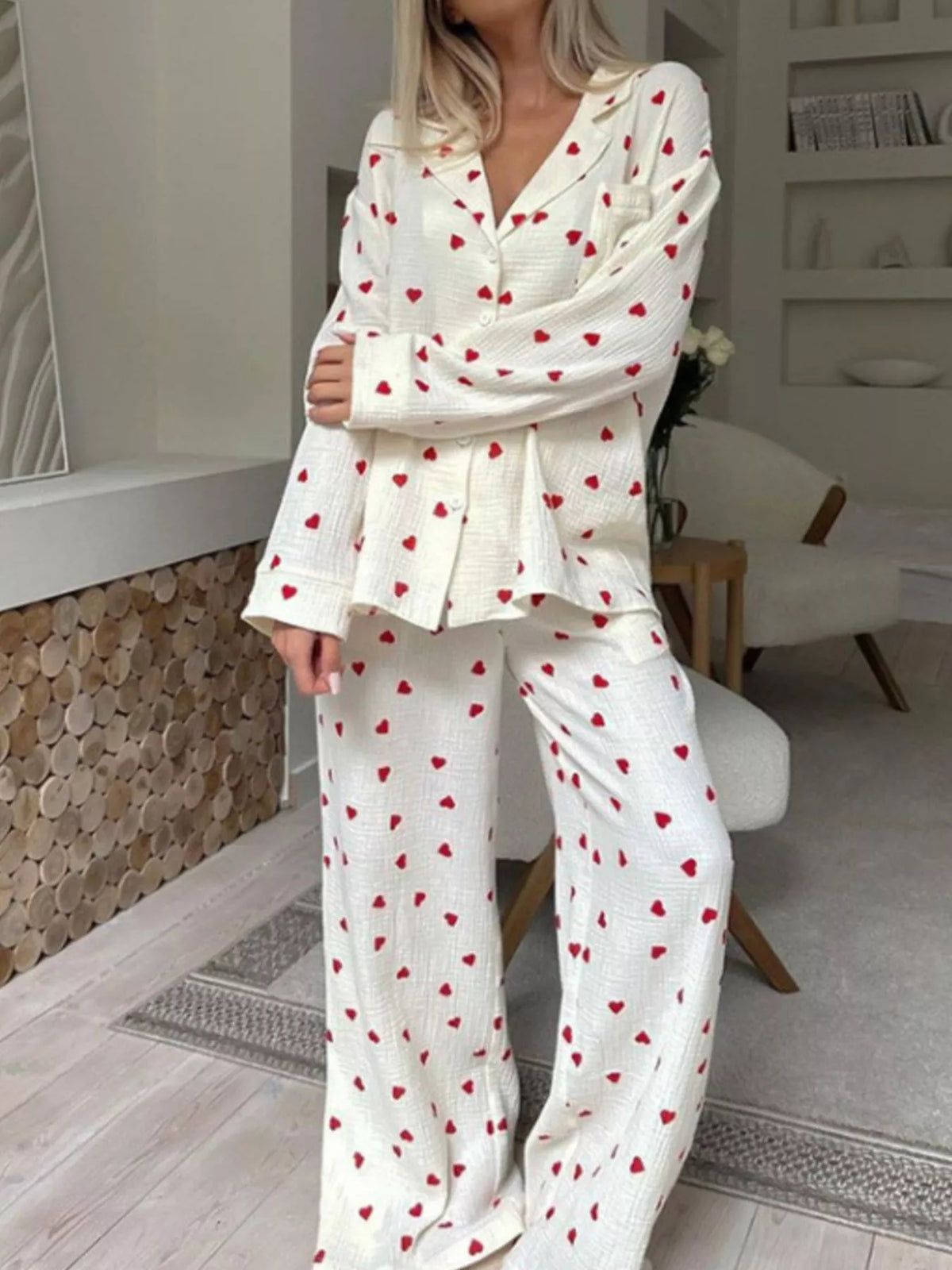 Heart Print Button Up Top and Pants Lounge Set - Lilixa.store
