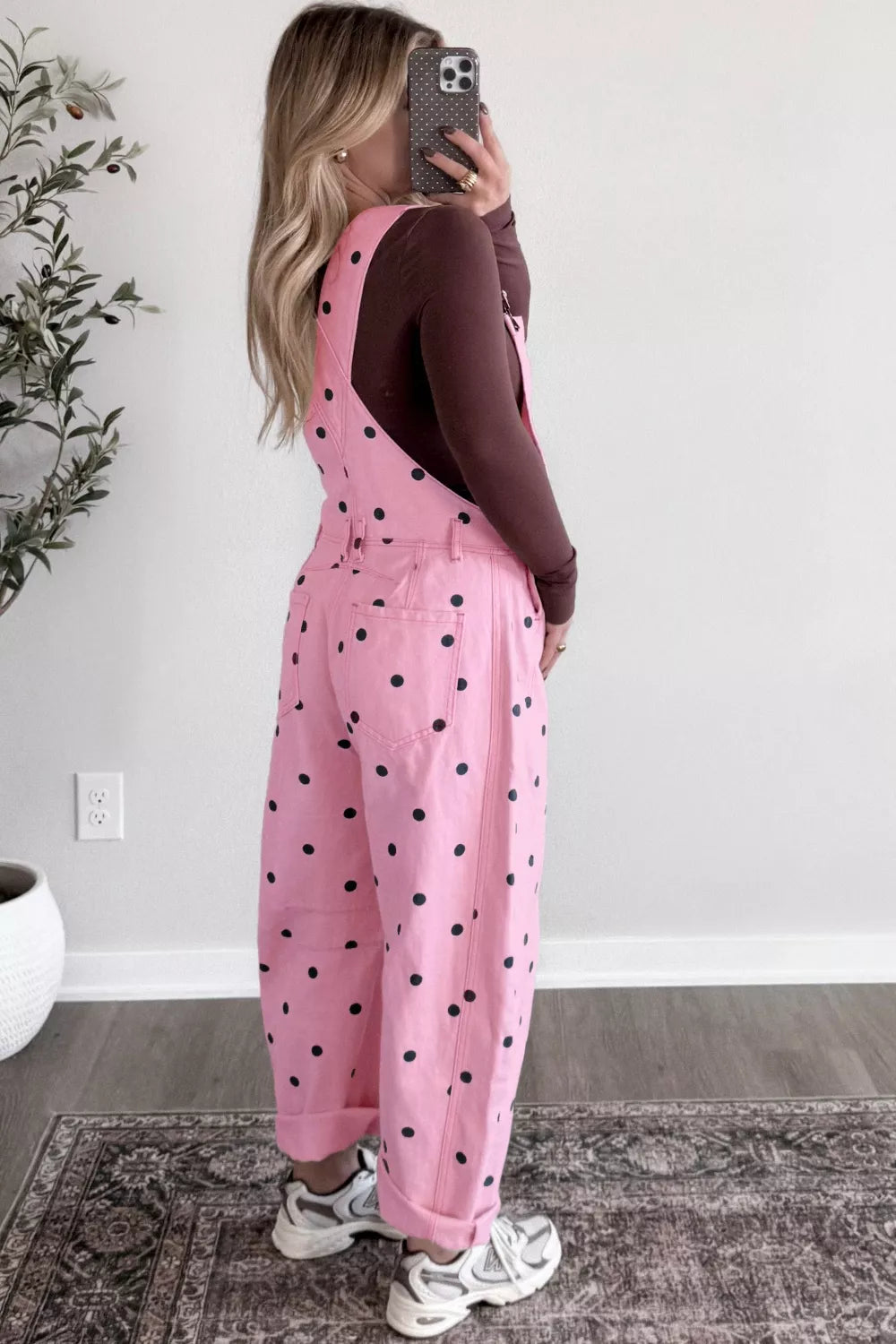 Polka Dot Print Bib Pocket Denim Barrel Overalls in Dusty Pink, view 3