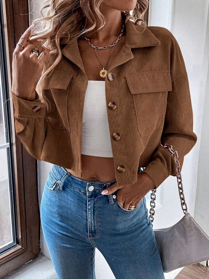 Cropped Corduroy Button-Down Jacket - Lilixa.store