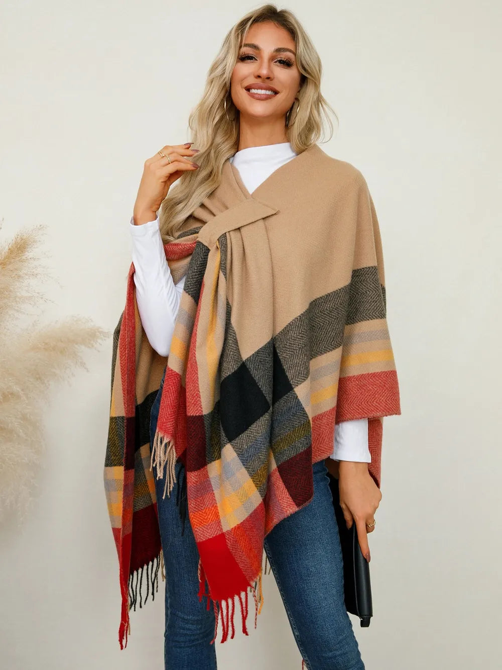 Fringe Contrast Plaid Poncho - Lilixa.store