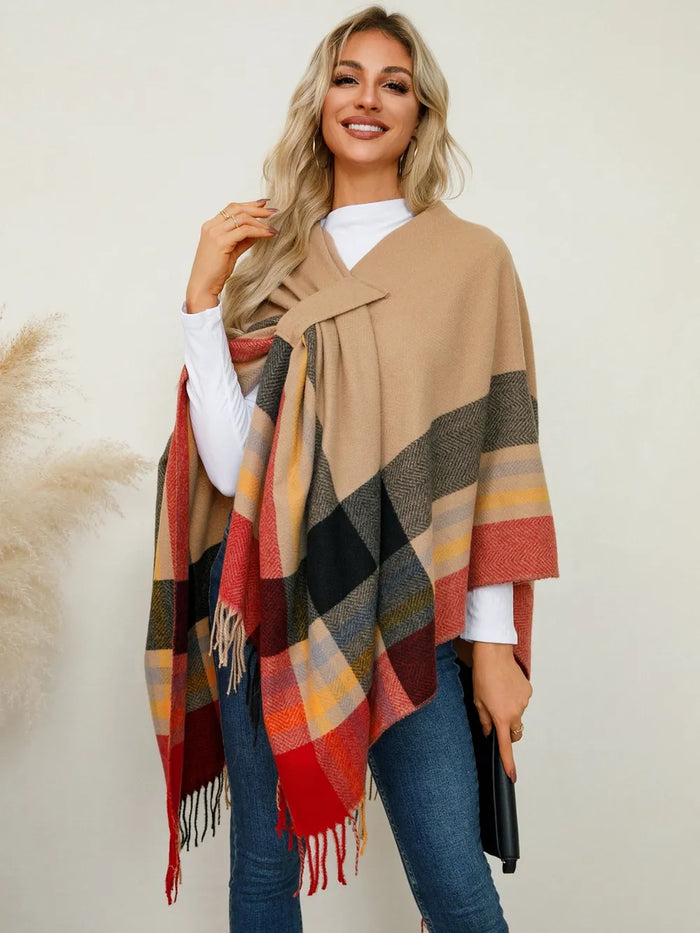 Fringe Contrast Plaid Poncho - Lilixa.store
