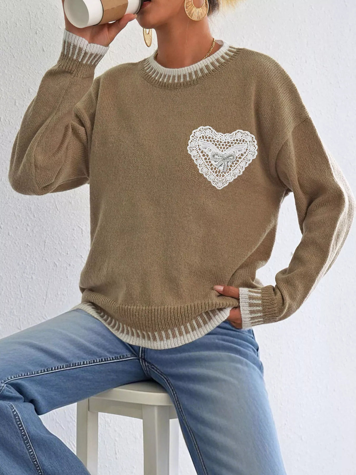 Lace Heart Contrast Trim Sweater
