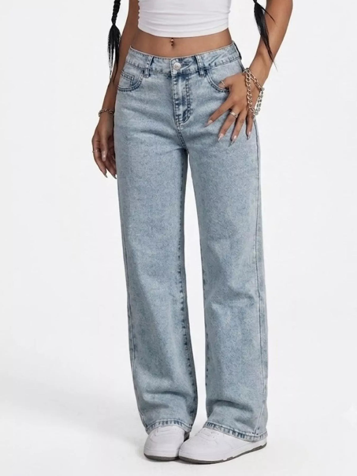 High-Waisted Acid Wash Straight Leg Jeans in Light Blue, view 6