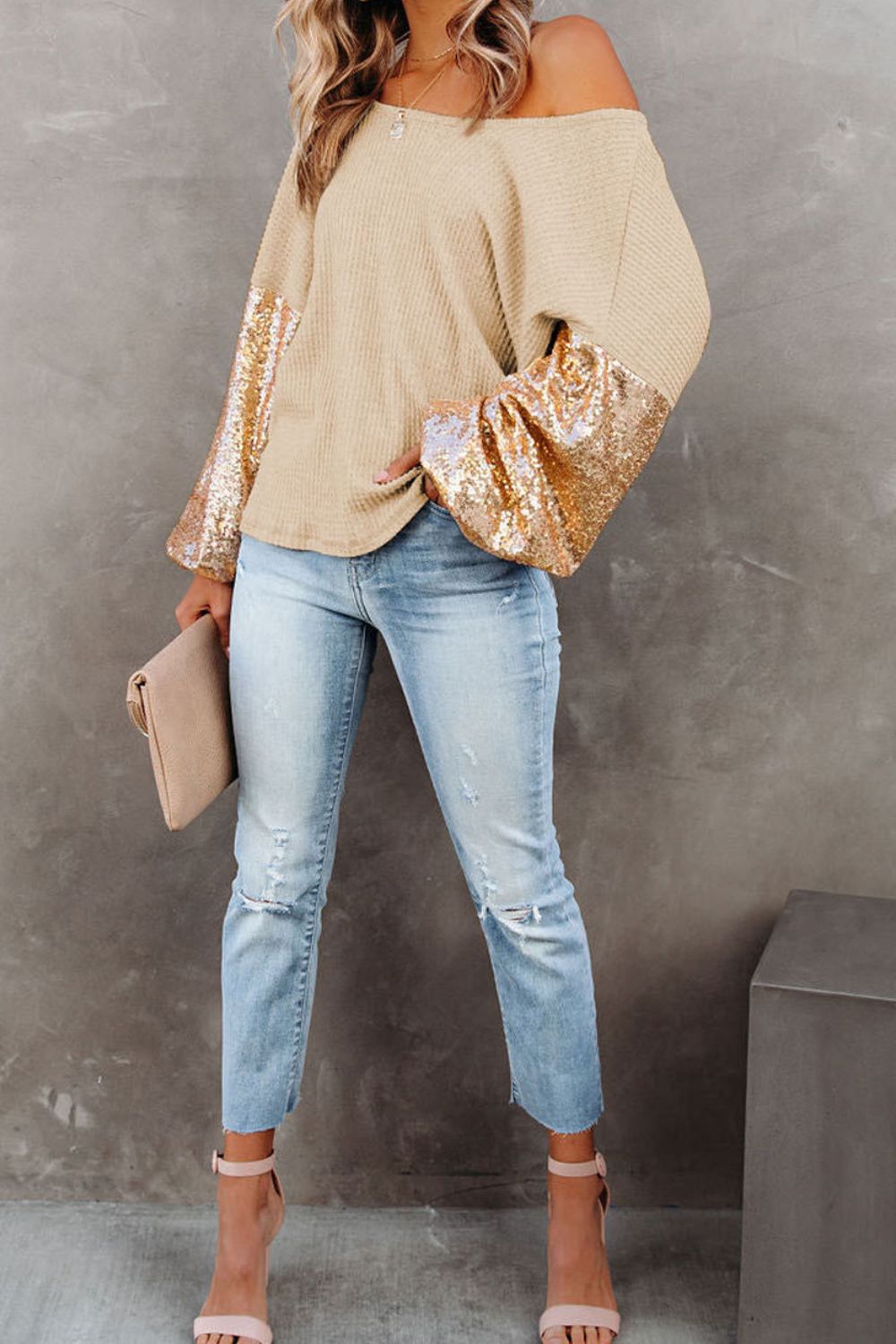 Sequin Waffle-Knit Blouse, view 3