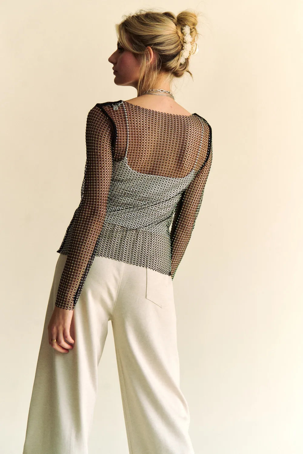 Davi & Dani Sparkling Rhinestone Sheer Mesh Round Neck Top - Lilixa.store