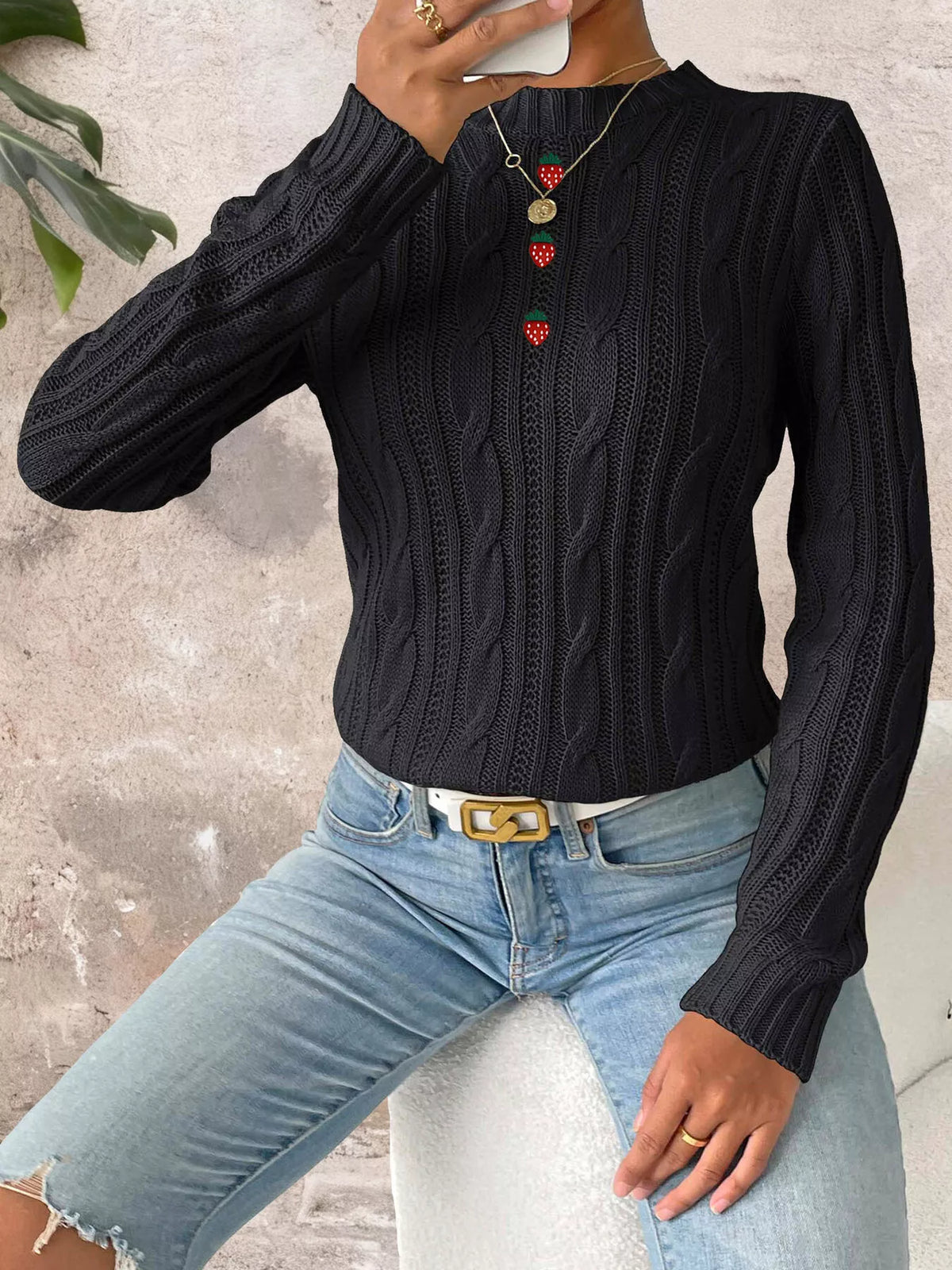 Strawberry Embellished Cable Knit Round Neck Sweater, view 5