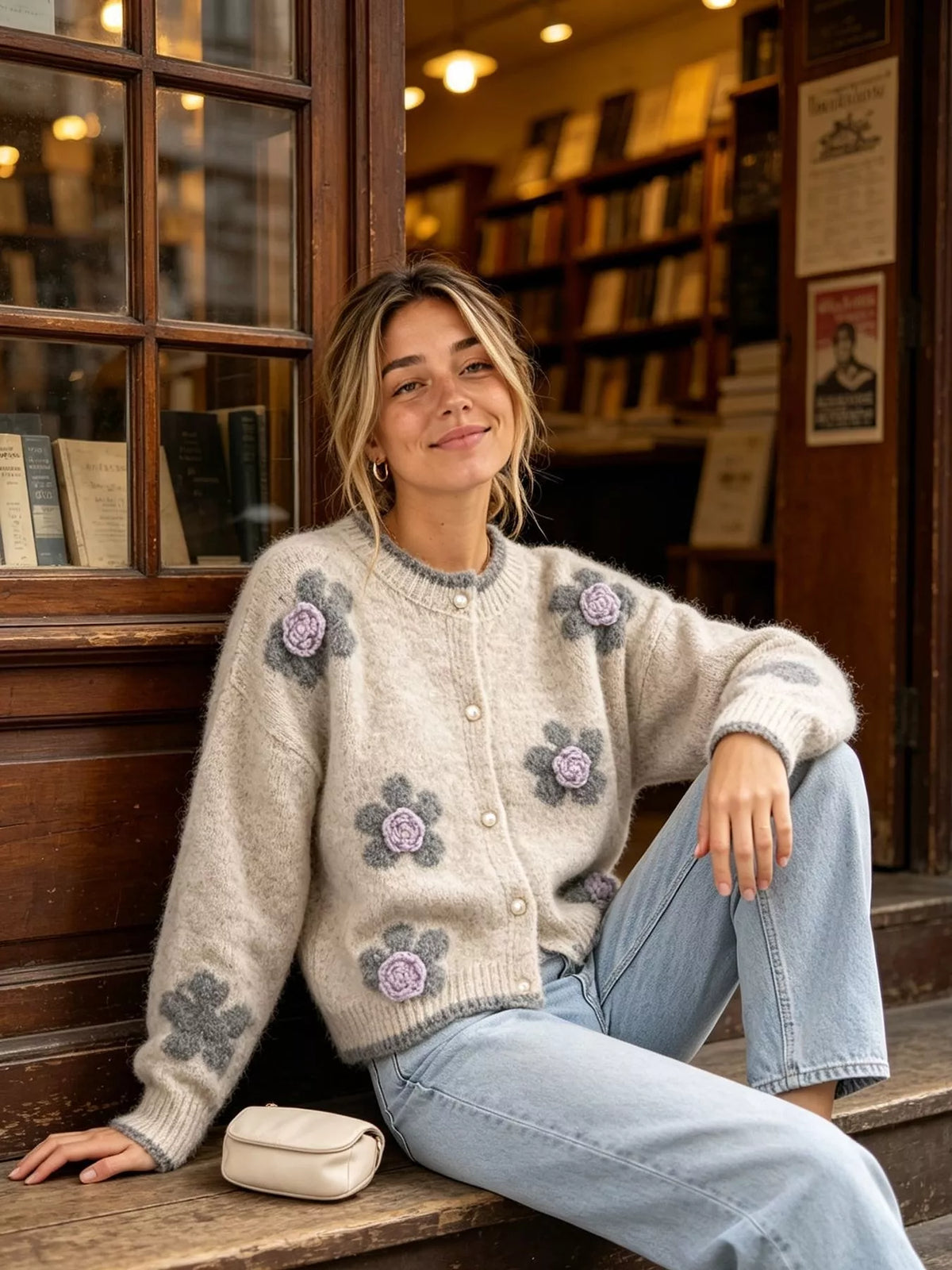Floral Applique Button-Down Knit Cardigan, view 3