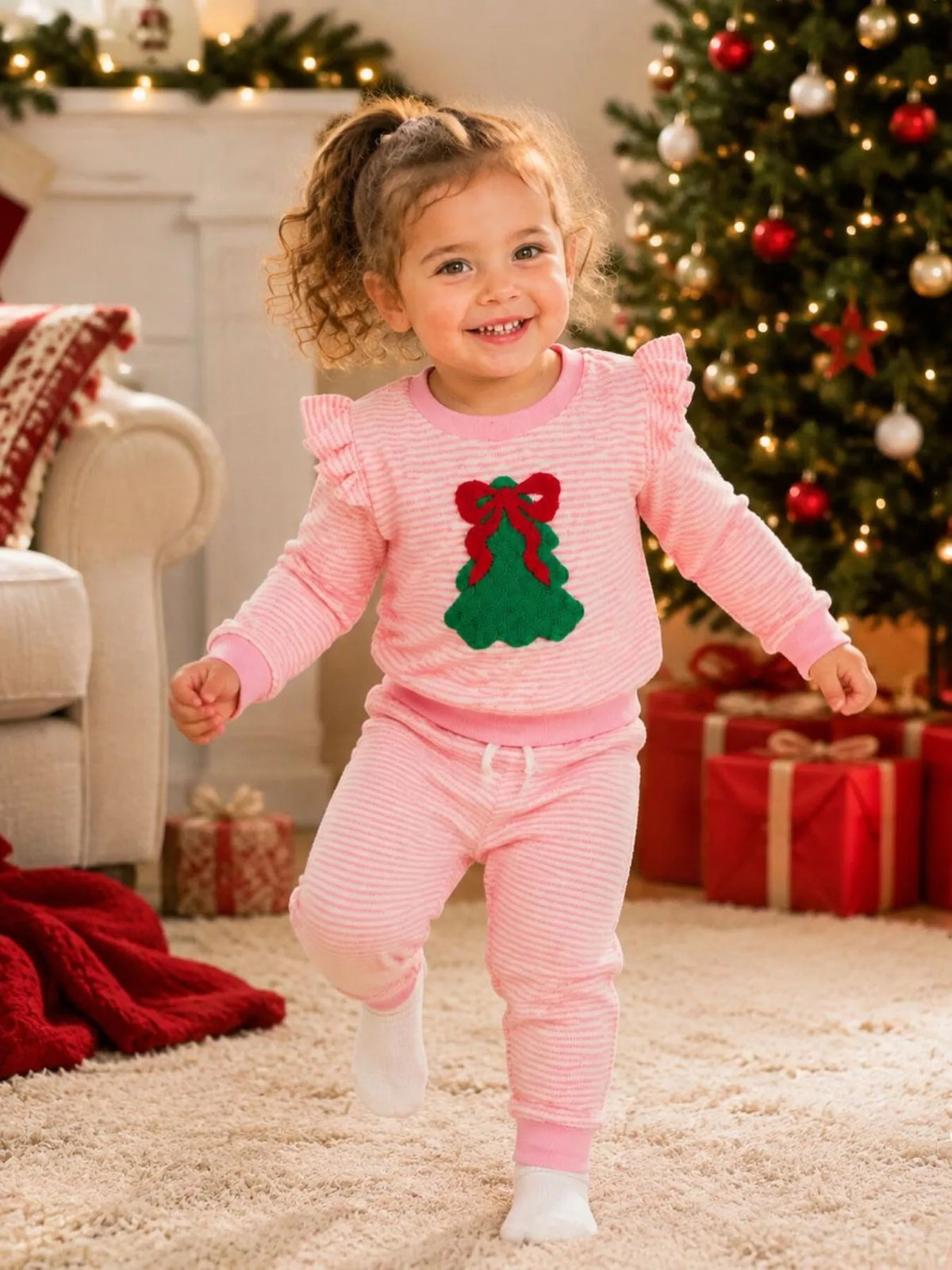 Children's Striped Christmas Tree Ruffle Pajama Set - Lilixa.store