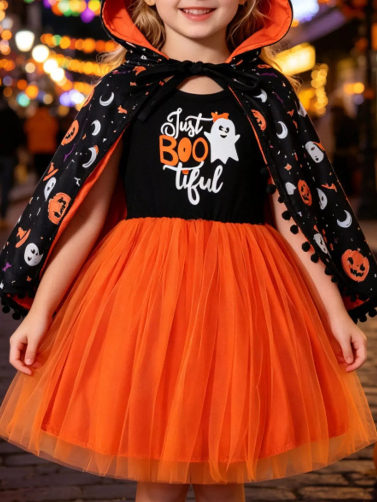 Children's Halloween Ghost Graphic Dress and Hooded Cape Set - Lilixa.store