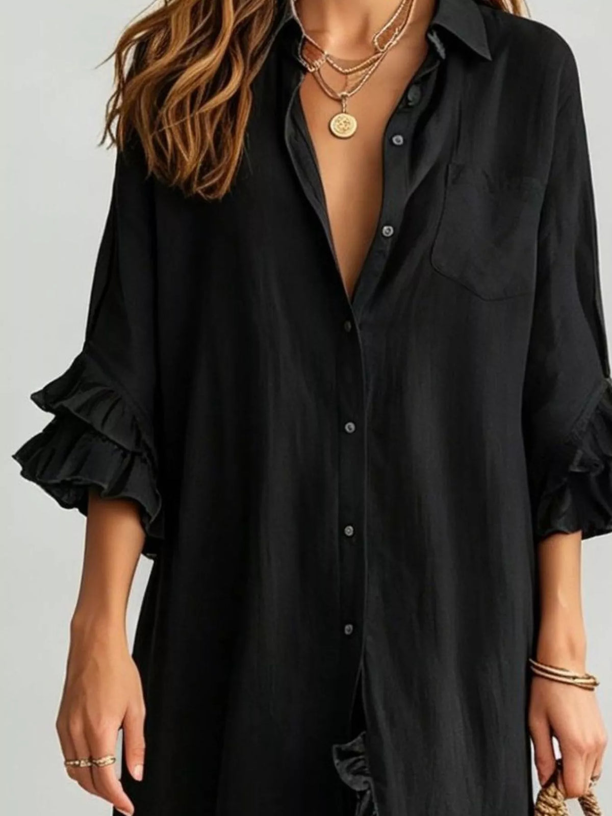 Full Size Ruffled Trim Button-Down Maxi Shirt Dress Plus Size