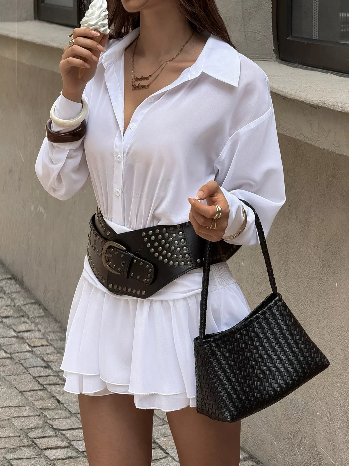 Ruched Waist Layered Ruffle Hem Shirt Dress