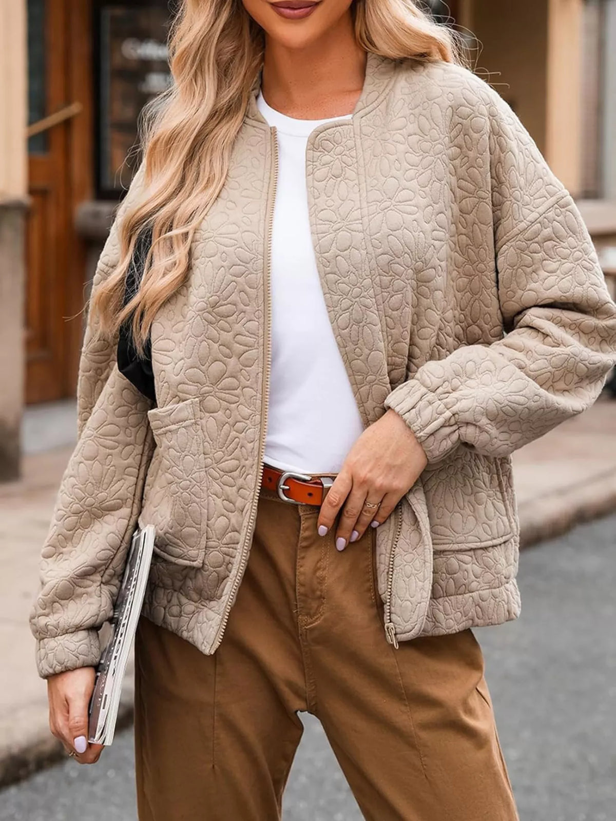 Full Size Floral Quilted Zip Up Jacket Plus Size in Khaki