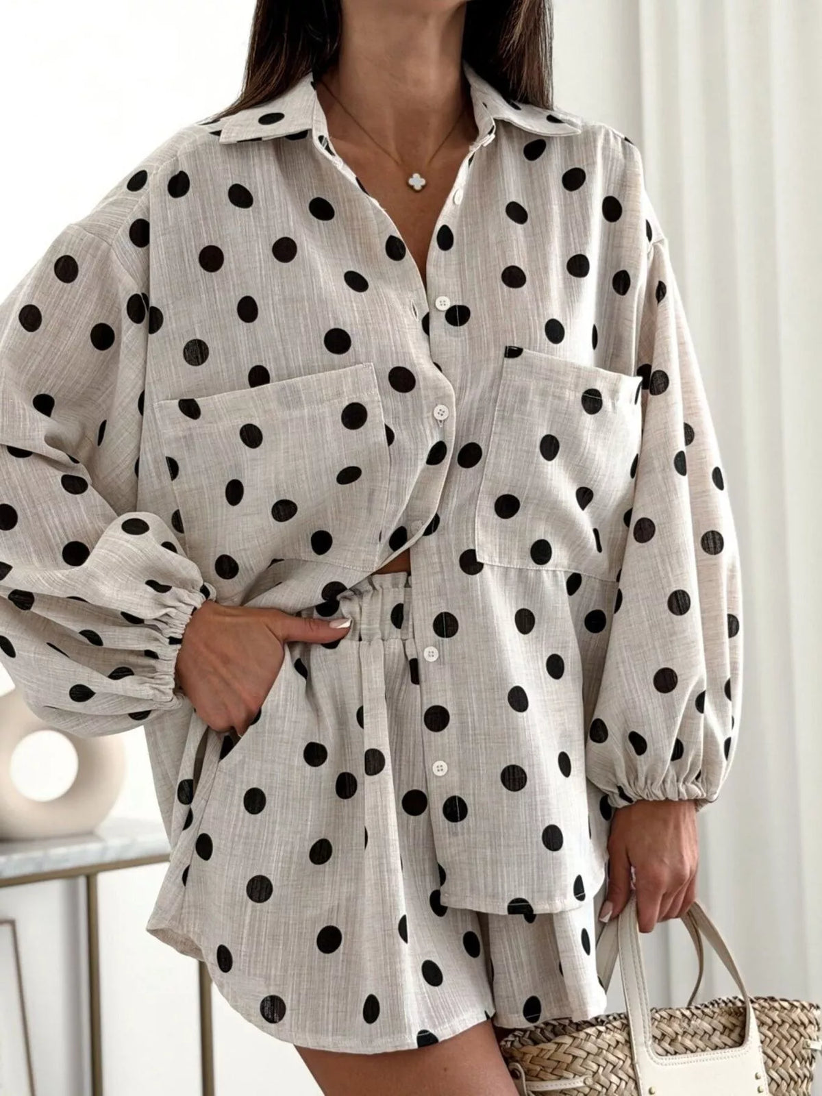Long Sleeve Shirt and High-Waisted Shorts Set - Lilixa.store