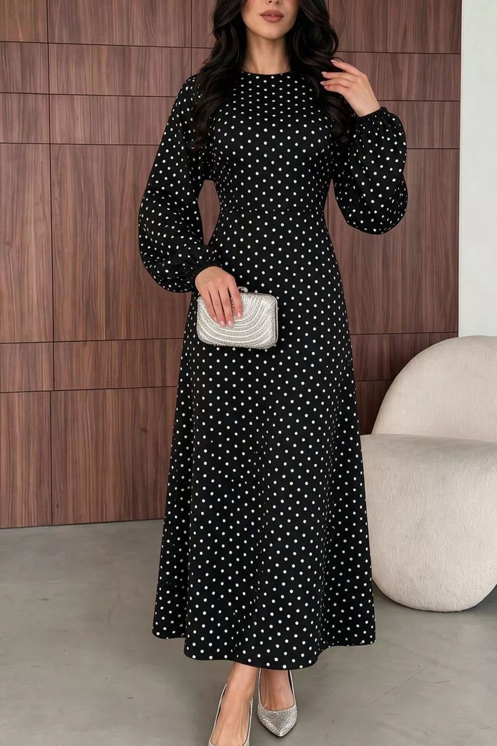 Polka Dot Long Sleeve Maxi Dress - Lilixa.store
