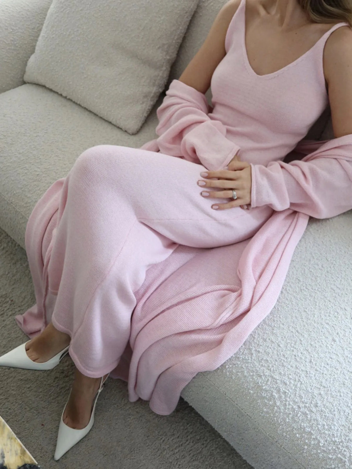 V-Neck Knit Dress and Cardigan Sweater Set in Blush Pink