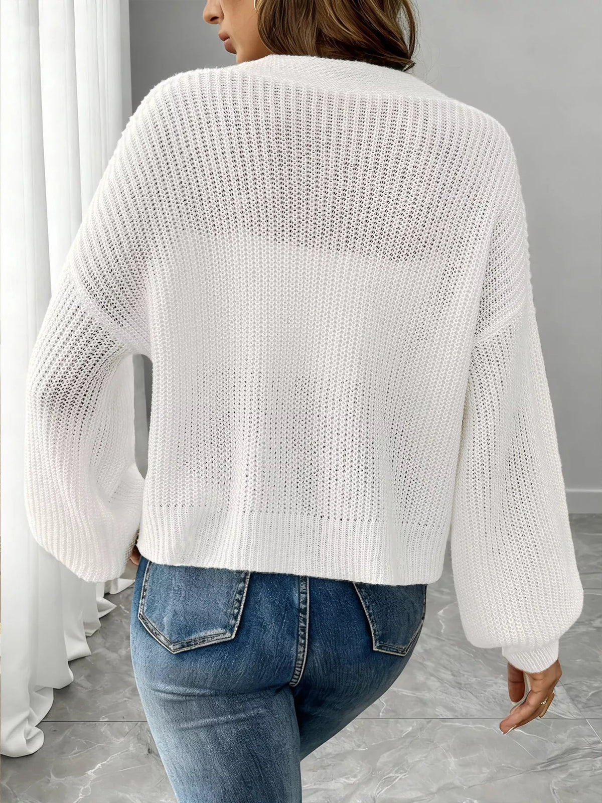 Elegant V-Neck Button-Down Ribbed Knit Cardigan, view 7