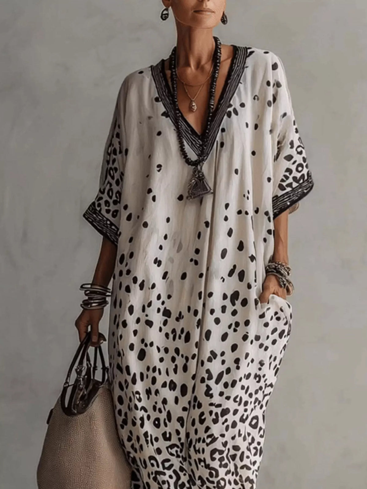 V-Neck Leopard Print Loose Maxi Dress