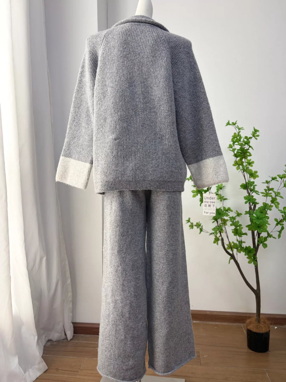 Zip-Up Contrast Cuff Cardigan and Pants Sweater Set, view 16