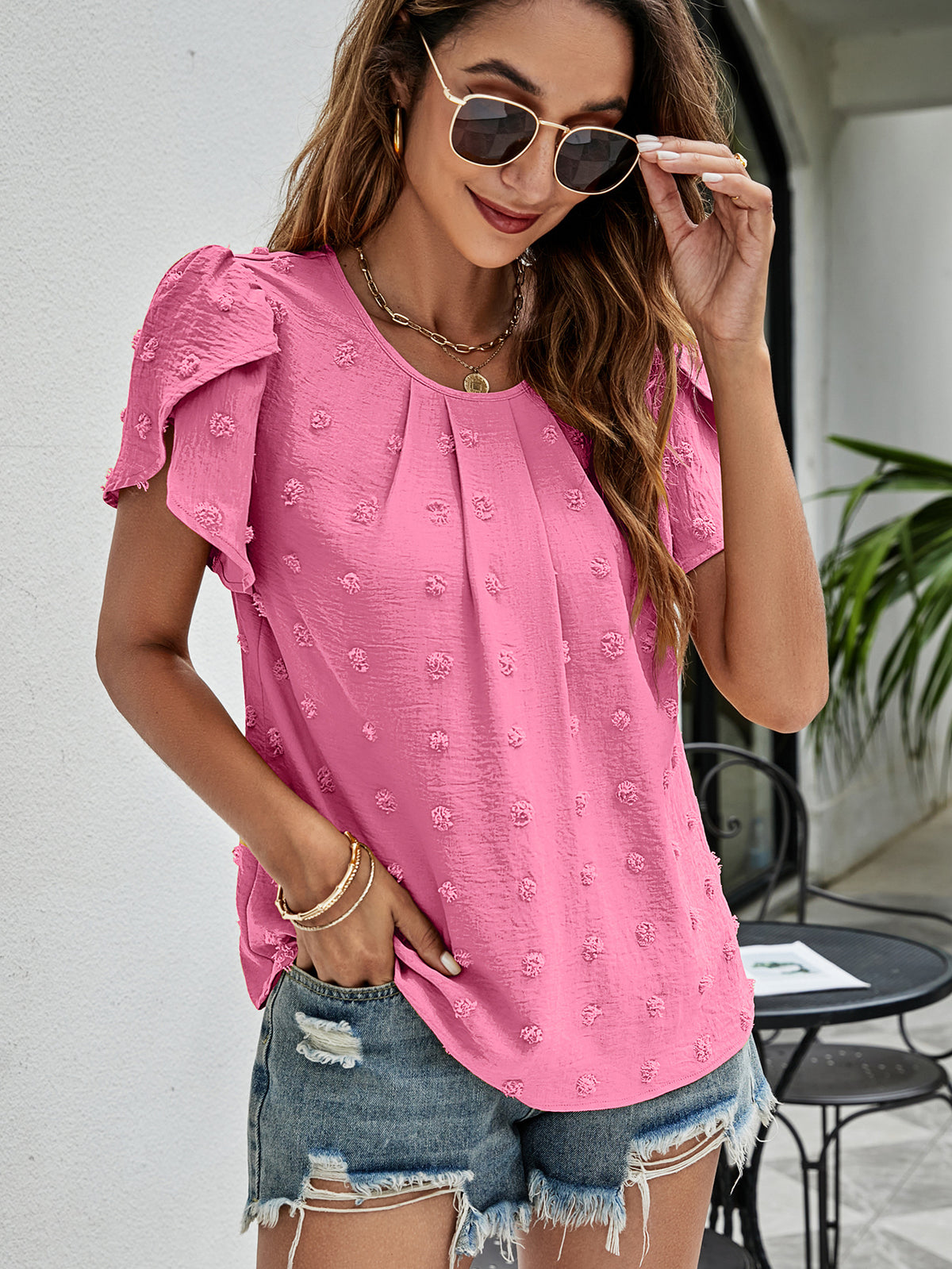 Swiss Dot Round Neck Petal Sleeve Top, view 2