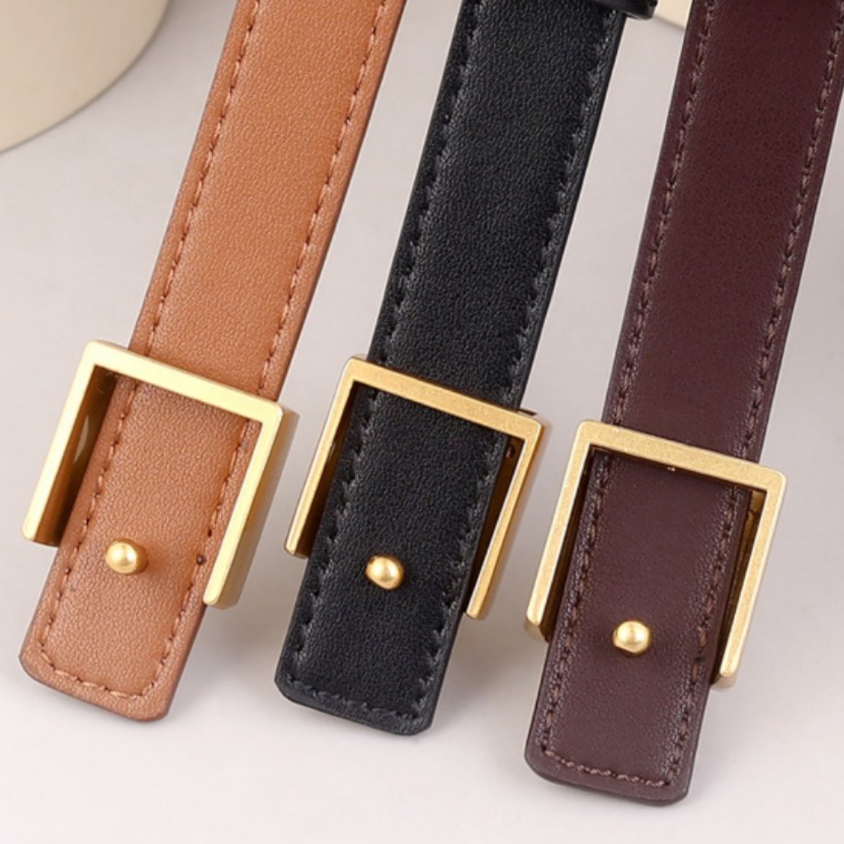 Square Buckle Skinny Leather Belt, view 3