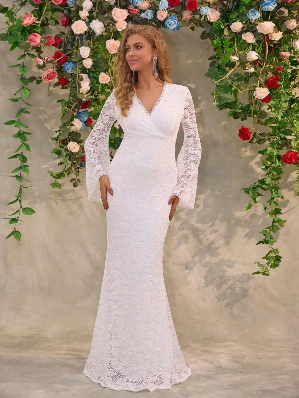 Lace Surplice Flare Sleeve Maxi Dress - Lilixa.store