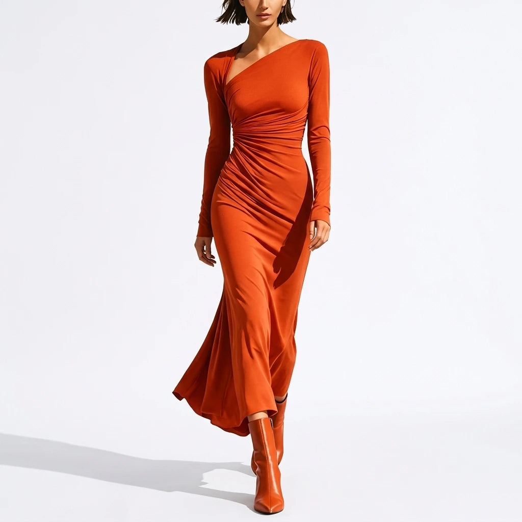 Asymmetrical Neck Ruched Long-Sleeve Dress