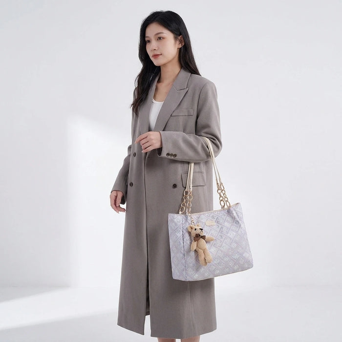 Geometric Pattern Jacquard Shoulder Bag with Detachable Teddy Bear Charm in Pink Purple