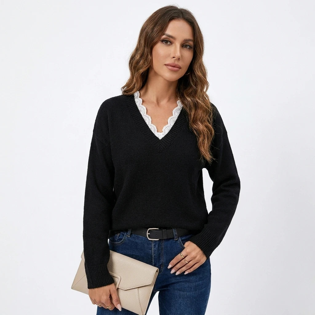 Lace Trim Dropped Shoulder Sweater | Lace Trim Dropped Shoulder Sweater | Lilixa