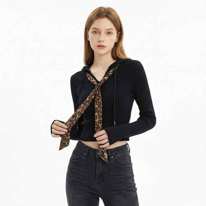 Long Sleeve Hooded T-Shirt with Leopard Scarf Detail | Long Sleeve Hooded T-Shirt with Leopard Scarf Detail | Lilixa