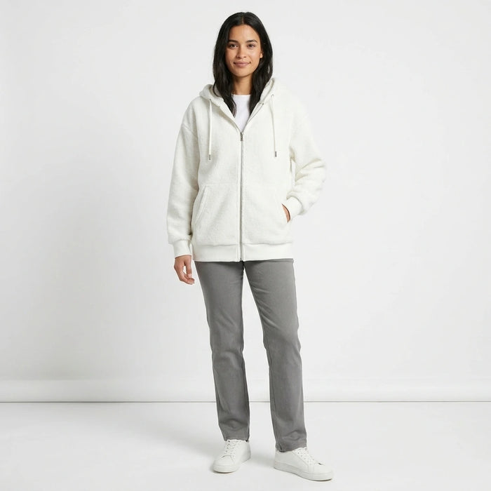 Oversized Fleece-Lined Zip-Up Hoodie in White