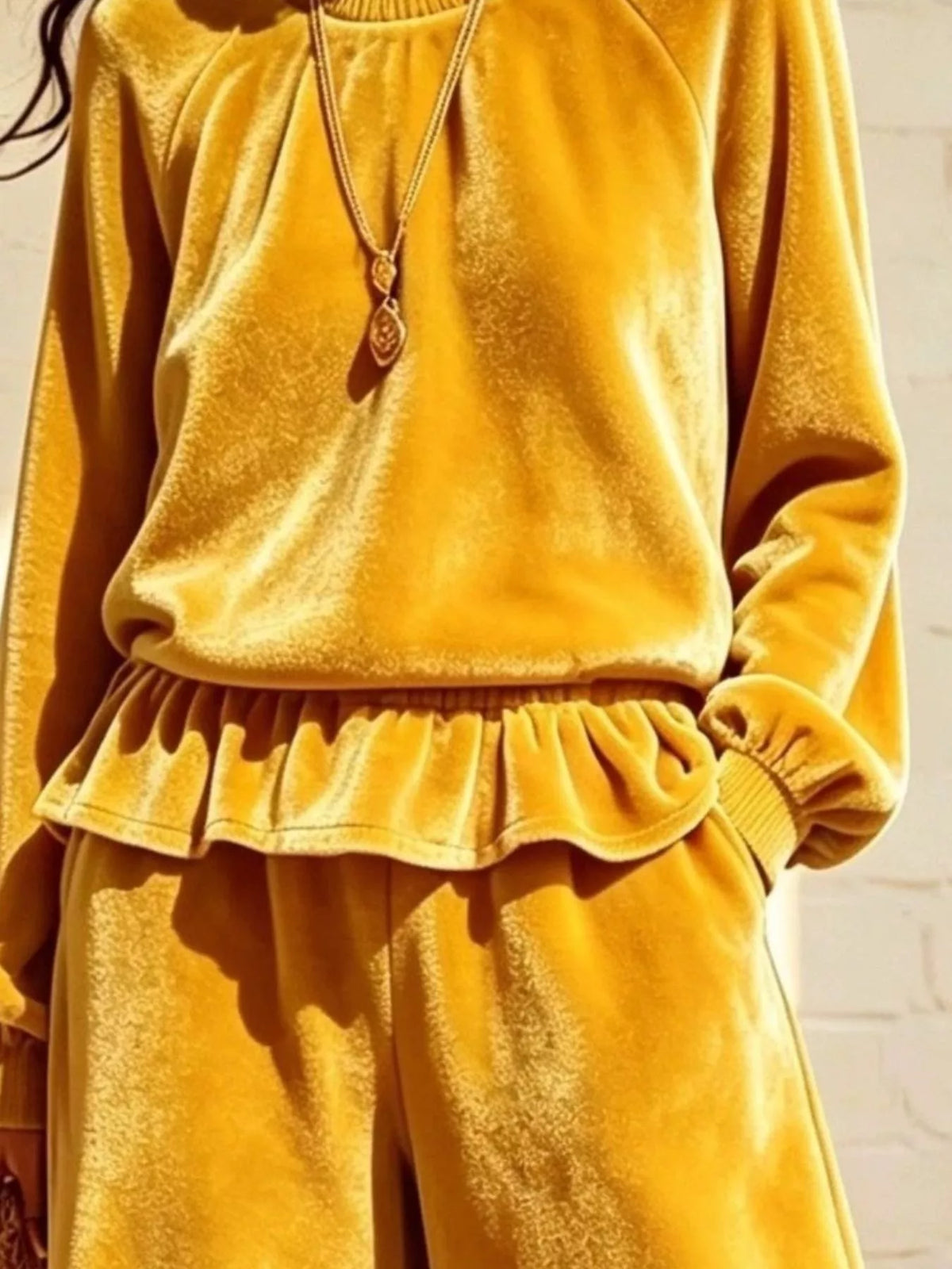 Velvet Peplum Top and Wide-Leg Pants Set - Lilixa.store