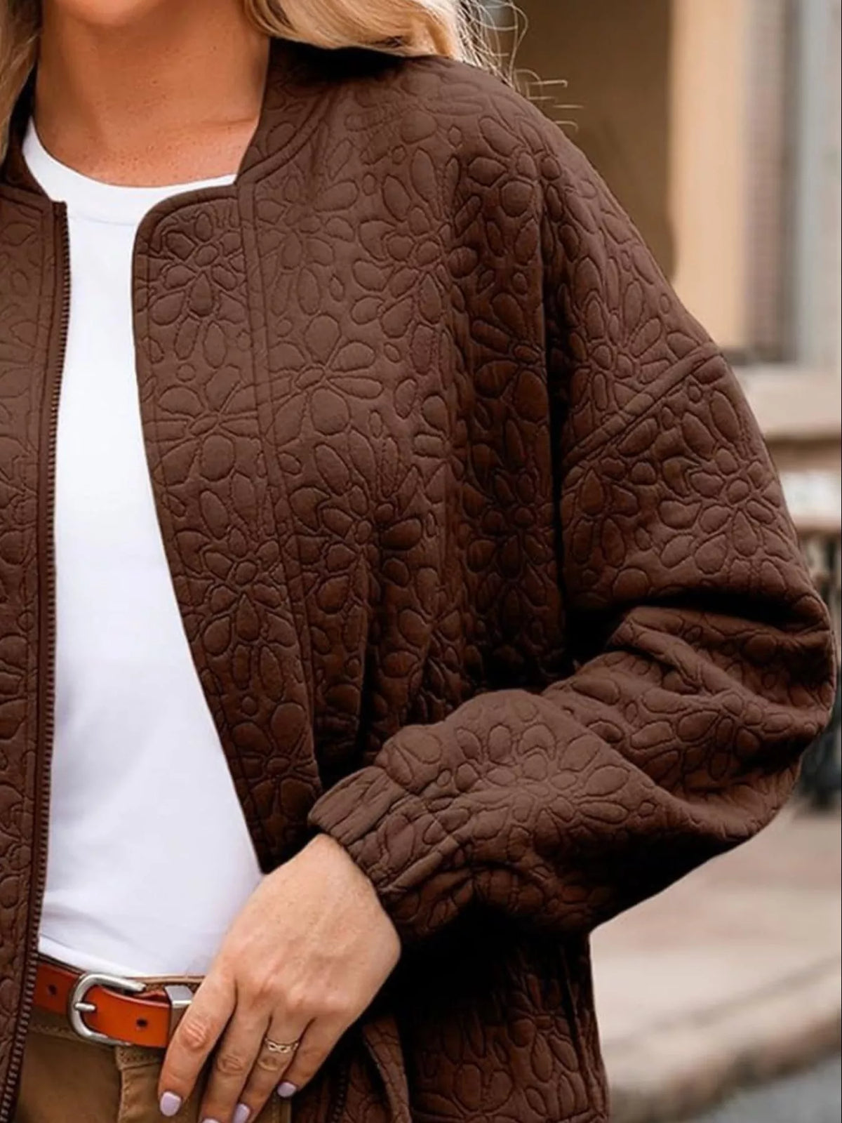 Full Size Floral Quilted Zip Up Jacket Plus Size, view 4