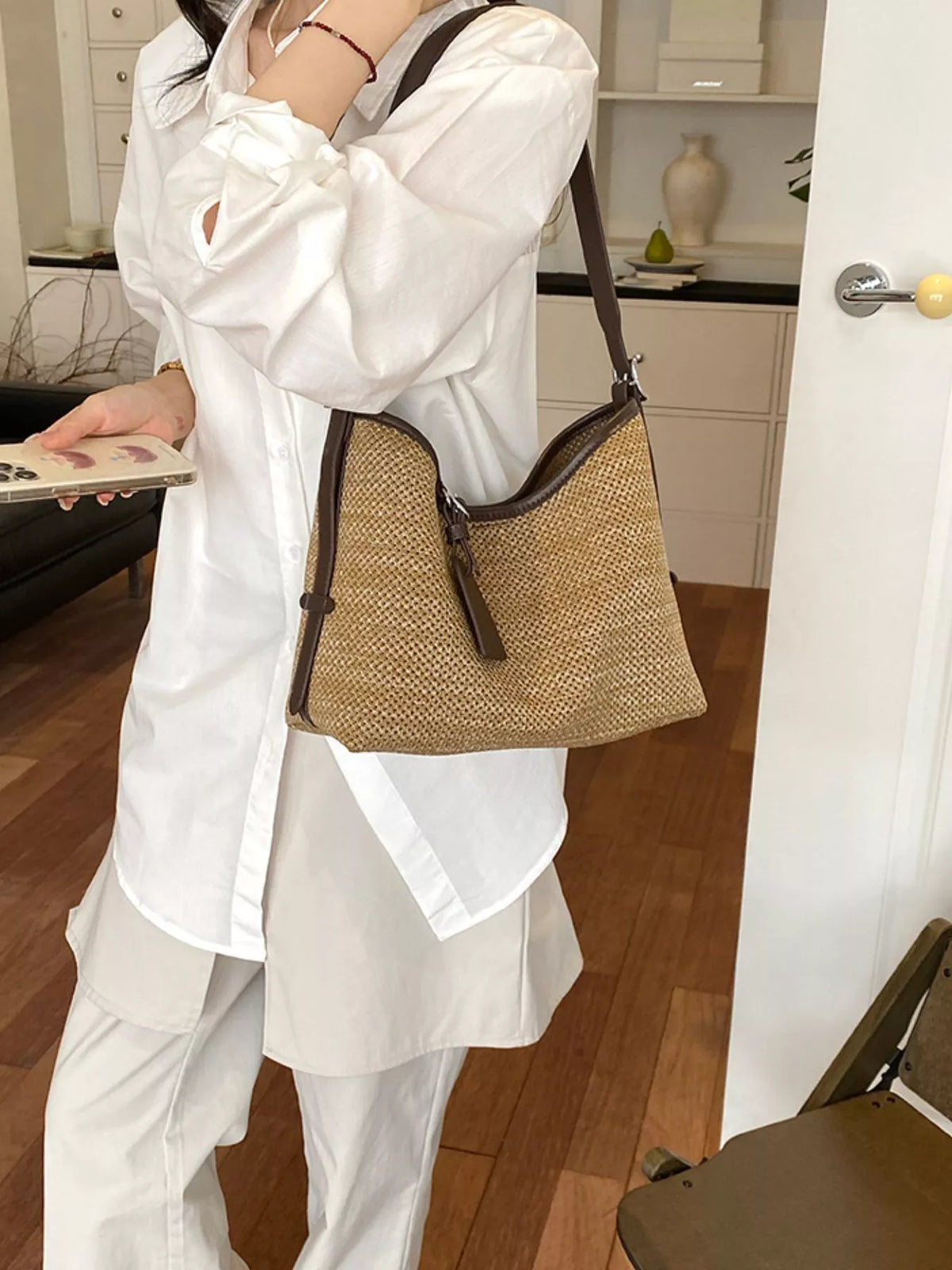 Leather Trim Woven Shoulder Bag - Lilixa.store