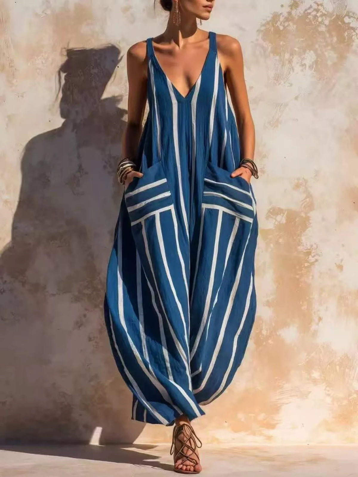 Striped V-Neck Sleeveless Wide-Leg Jumpsuit - Lilixa.store