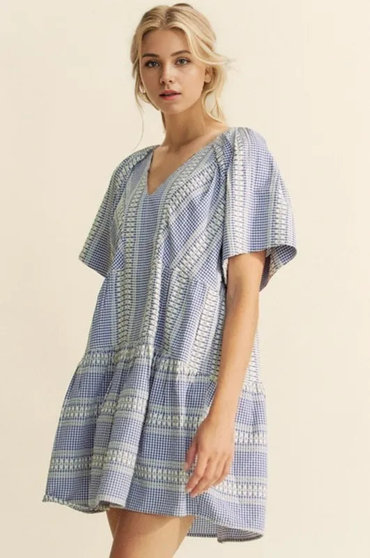 Davi & Dani Embroidered Stripe Ruffled Gingham Mini Dress - Lilixa.store