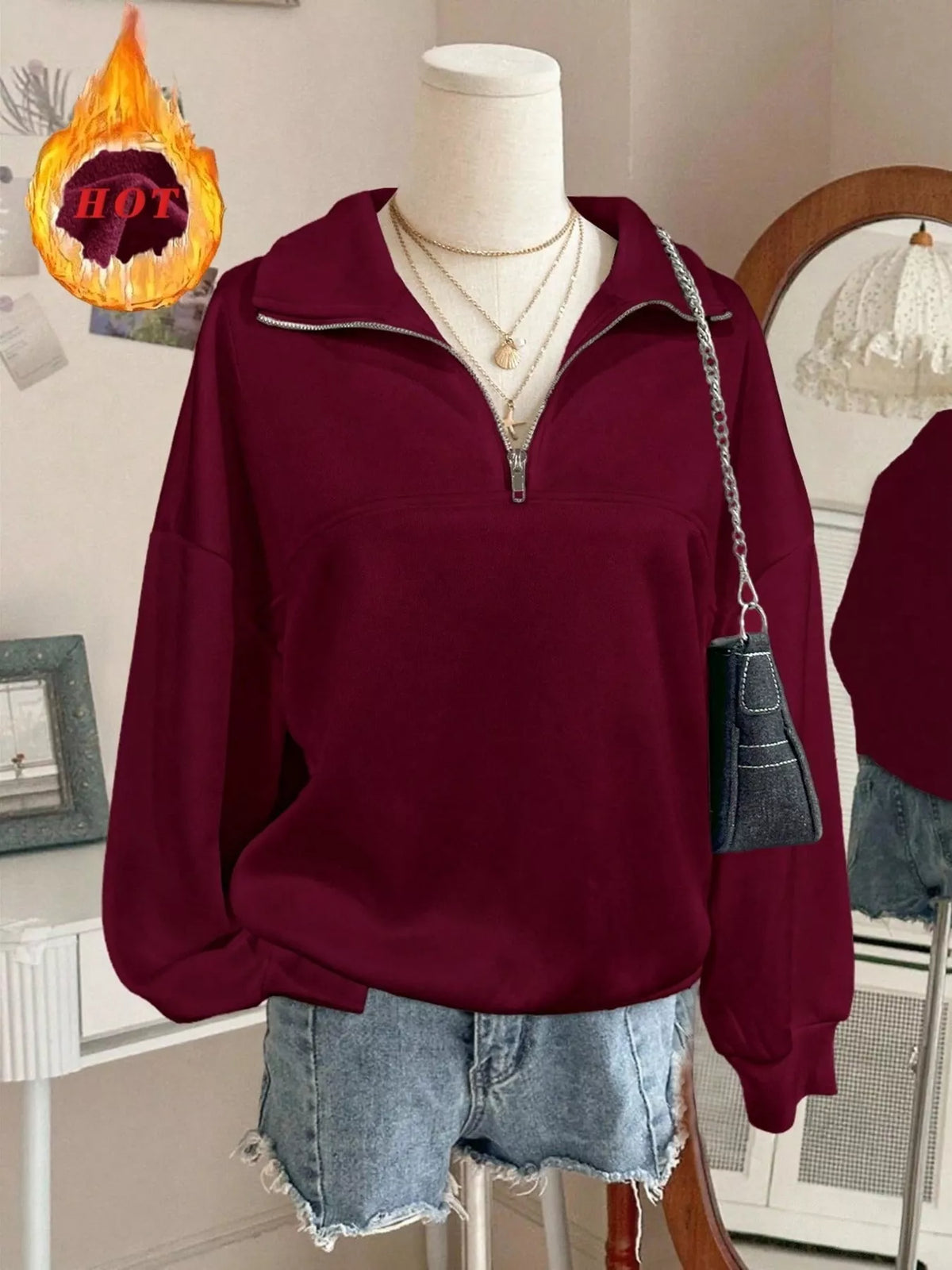 Quarter-Zip Dropped Shoulder Sweatshirt - Lilixa.store