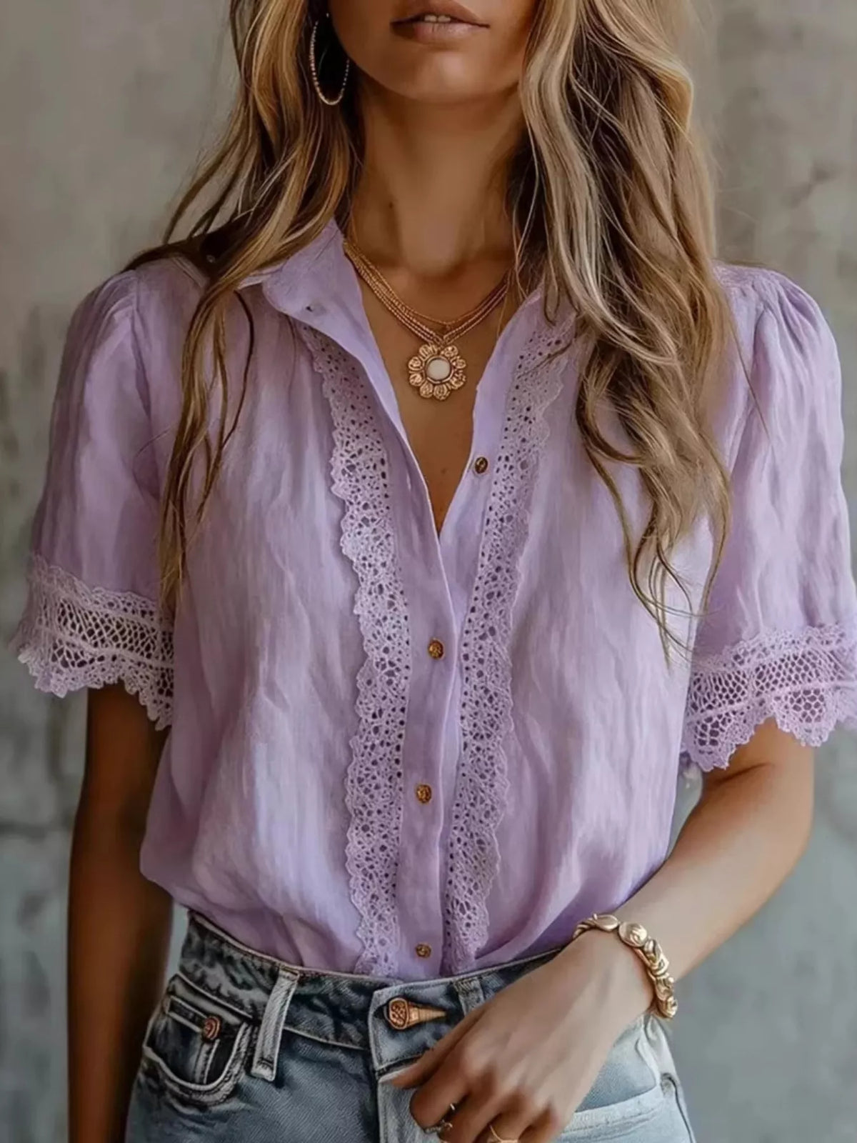 Lace-Trimmed Short Sleeve Button-Down Shirt - Lilixa.store