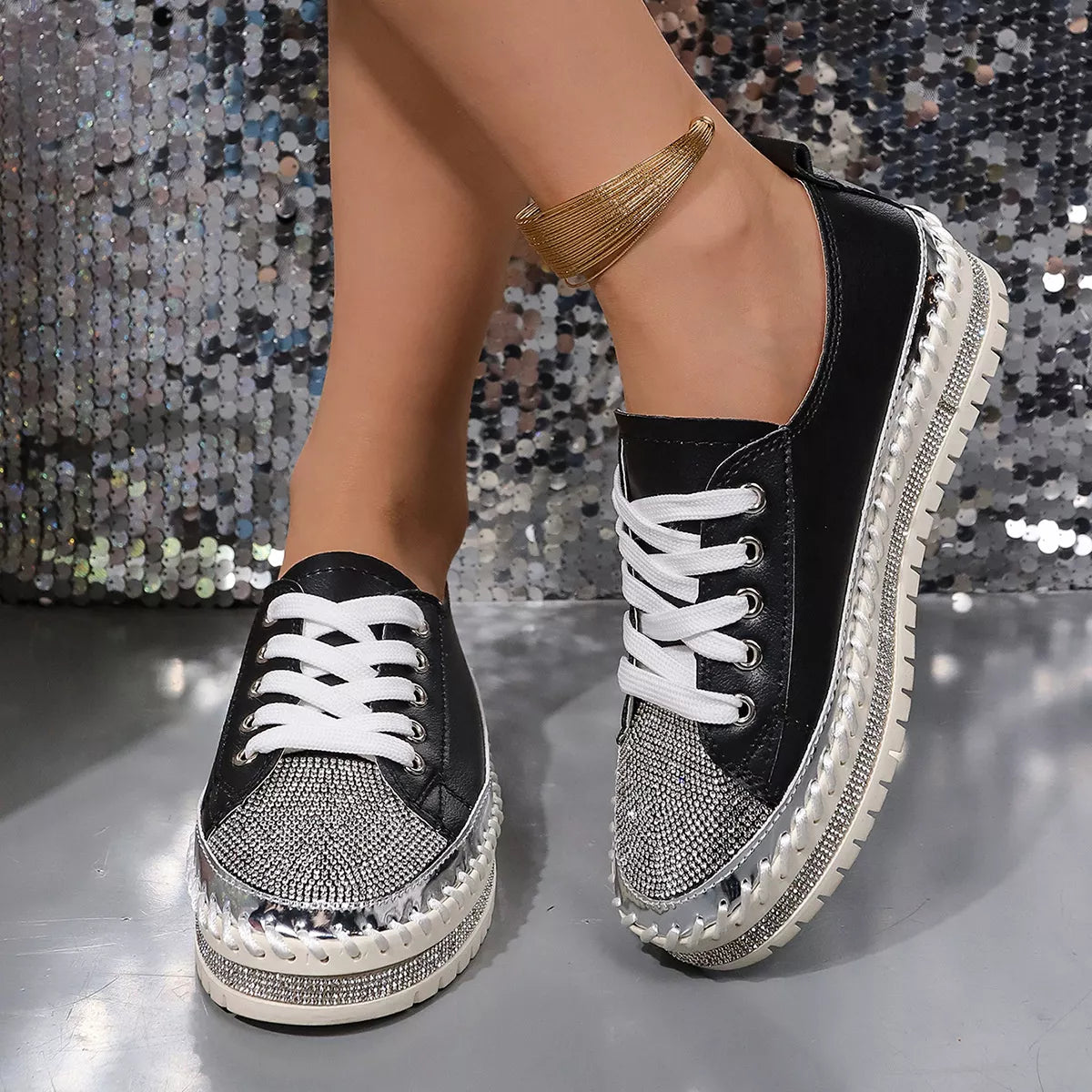 Rhinestone Round Toe Sneakers - Lilixa.store