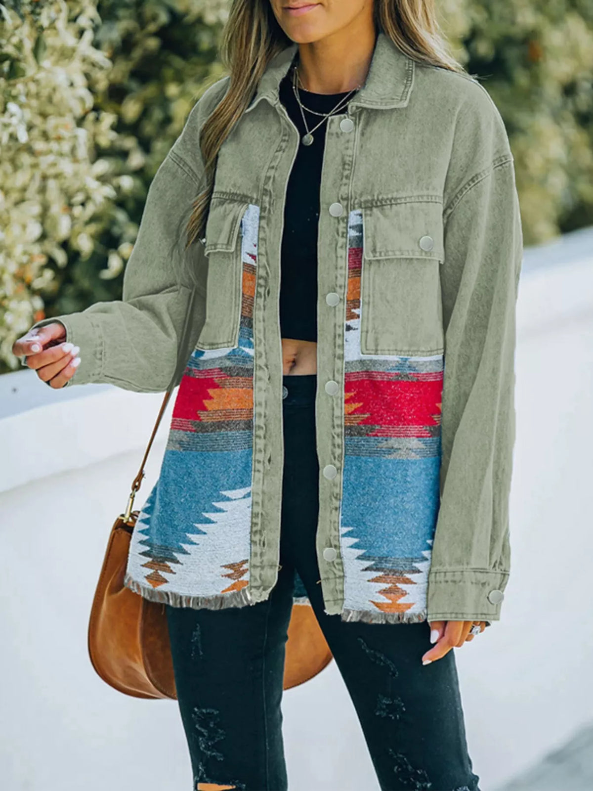 Aztec Print Button Up Jacket in Sage