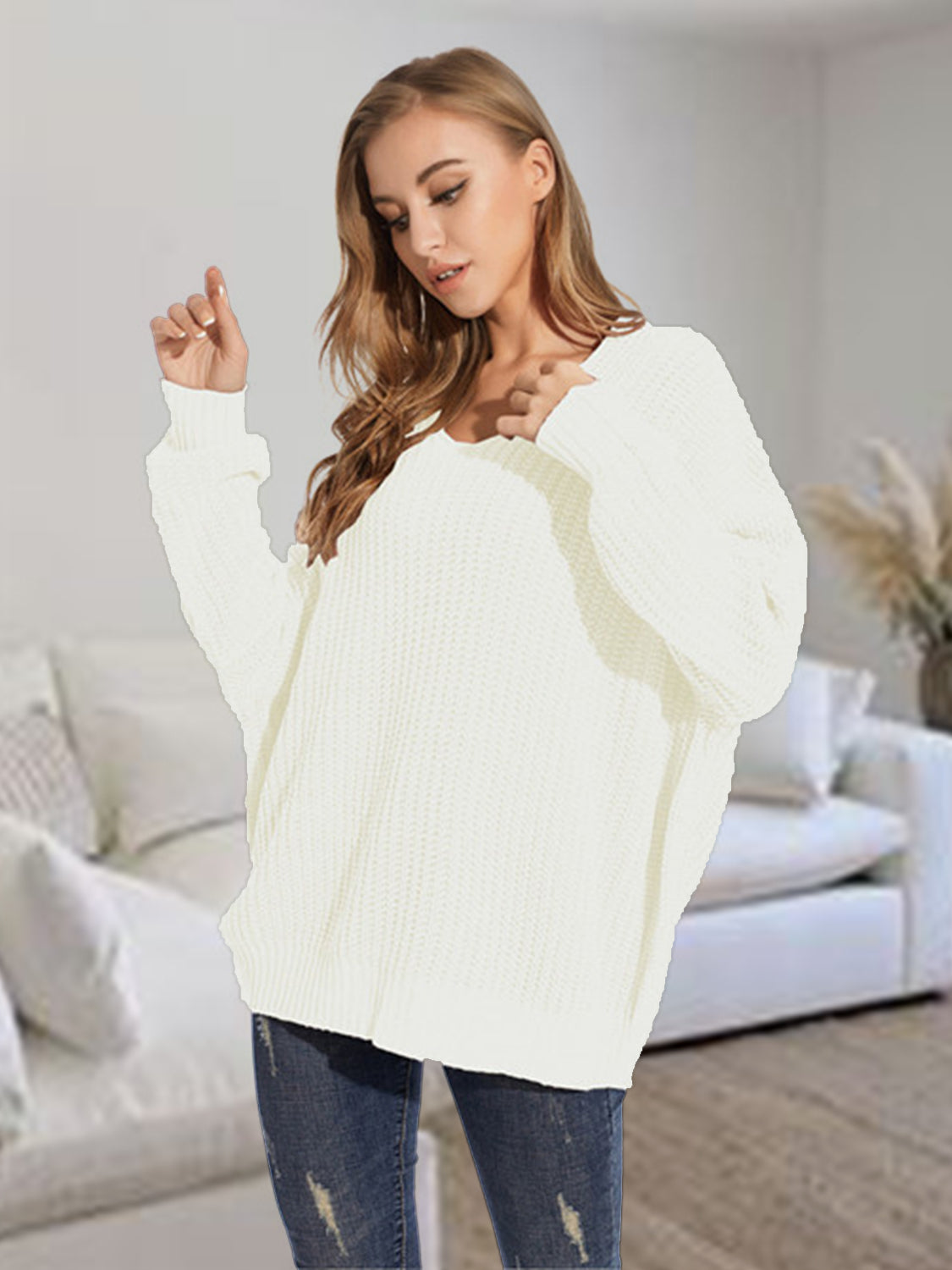 V-Neck Batwing Dropped Shoulder Sweater, view 5
