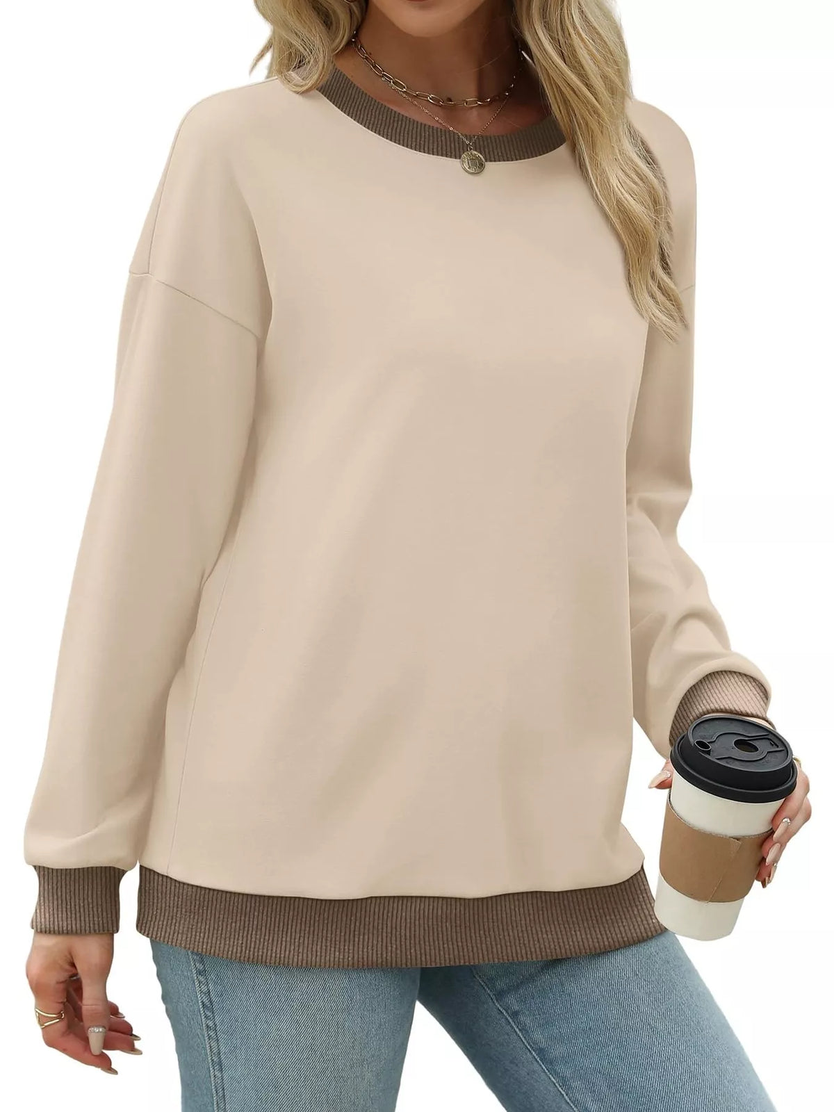 Contrast Trim Crew Neck Casual Sweatshirt - Lilixa.store
