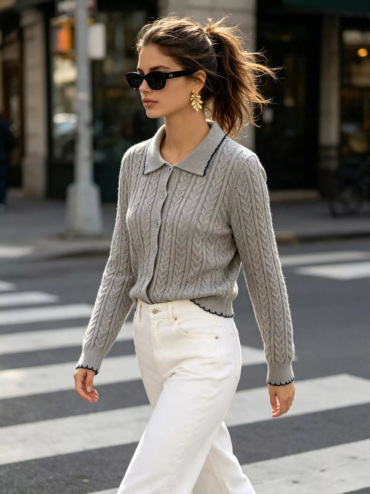 Cable Knit Polo Collar Button-Up Cardigan, view 3