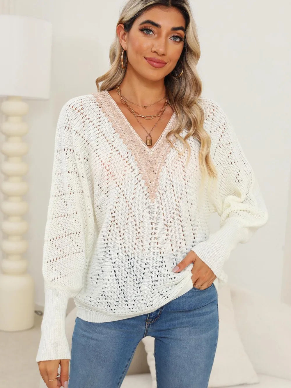 Lace Detail V-Neck Long Sleeve Sweater - Lilixa.store
