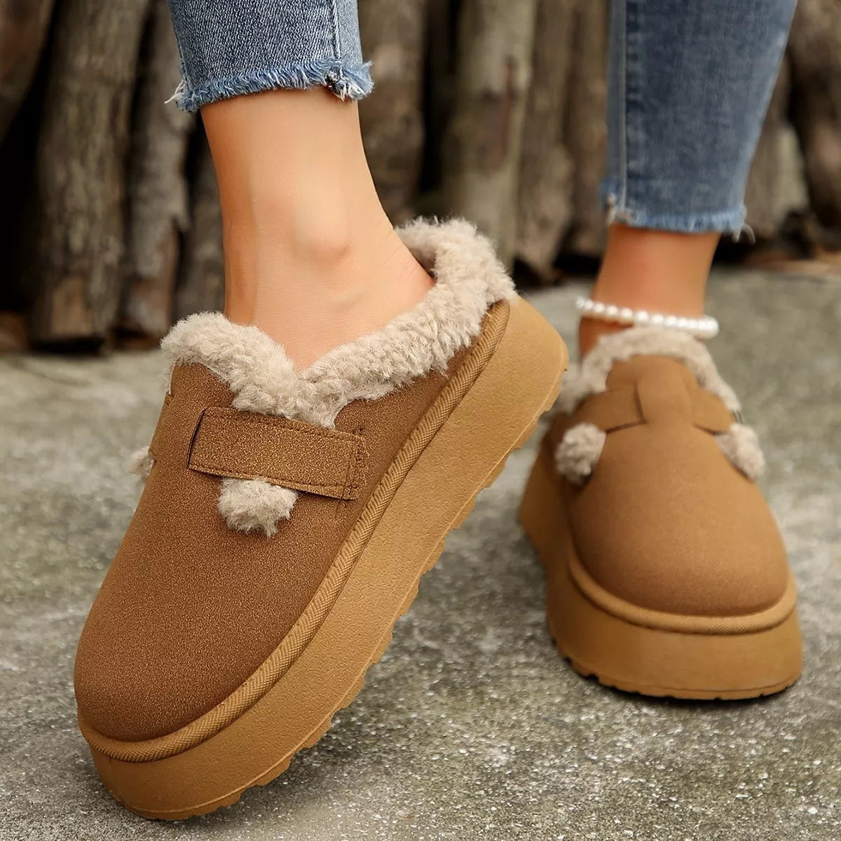 Fuzzy Trim Buckle Platform Slippers - Lilixa.store