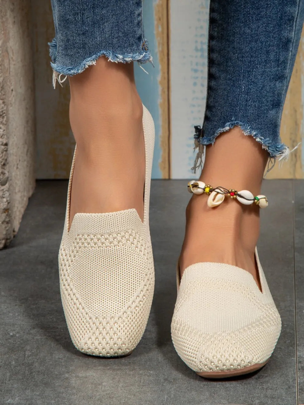Square Toe Flat Slip-Ons in Beige