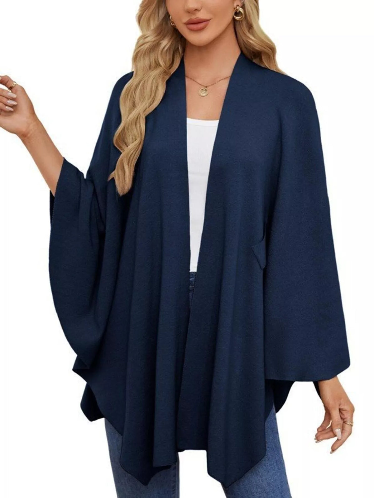 Solid Color Tie-Front Knit Cape Top, view 15