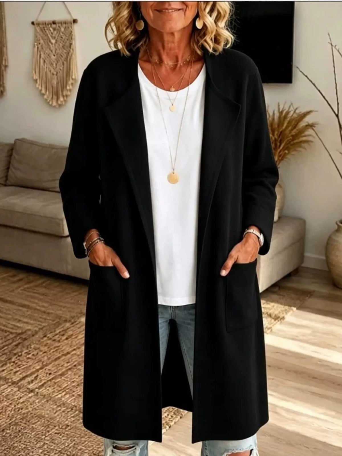 Full Size Open-Front Longline Knit Outerwear Plus Size in Black